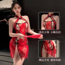 Plus Size Chinese Silk Qipao Nightgown - Sheer Cloud Brocade Sensual Sleepwear with Butterfly Knots