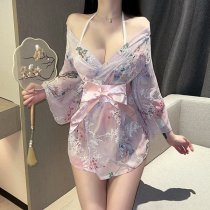 Plus Size Japanese-Style Sexy Kimono Robe with Bow Detail - Floral Print Lounge Set & Sleepwear
