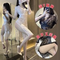 Plus Size Sexy Lace Sleepwear Set - Sheer Seductive Split Dress with Uniform-Inspired Allure, QQNY Brand