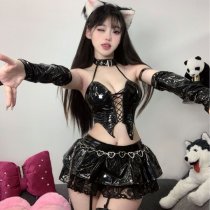 Genuine Pu Leather Sexy Uniform Lingerie - Seductive Anime Devil Costume with Cut-Out & Ties