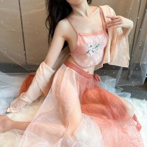 Pure & Alluring Chinese-Style Lingerie Set – Vintage Embroidered Hanfu Sleep Dress with Classical Doudou Belly Wrap