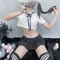 Pure & Playful Student-Inspired Lingerie Set – White Shirt, Bow-Tie Top & Pleated Mini Skirt for Sensual Style