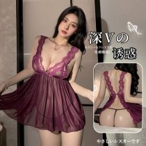 Pure & Tempting Women's Deep V Lace Sleep Dress - Sheer Mesh Sensual Nightgown with High Slit