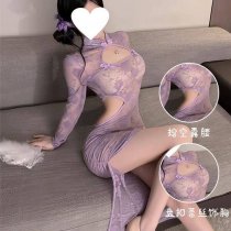 Purple Lace Cheongsam Lingerie - Seductive Sheer Bust-Exposing Sensual Outfit for Date Night
