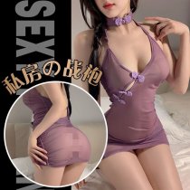 Purple Lace Chinese-Style Lingerie Set - Sheer Silk Qipao Sleepwear with Butterfly Motif & Ties, Plus Size Vintage Eroti