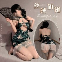 Qingran Vintage Velvet Cheongsam Lingerie - Seductive Peony Print Bodycon Dress with Tassels