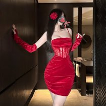 QingShe Red Velvet Sexy New Year Outfit - Sheer Lace Bodycon Dress with Sparkling Backless Design