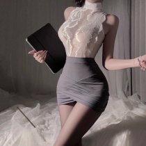 QQNY Pure & Tempting Lingerie Set - Secretary Style Lace Sleepwear with Pencil Skirt, Sexy Women's Costume Outfit