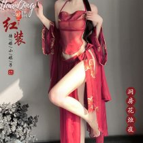 Red Chinese-Inspired Sexy Lingerie Set - Sheer Hanfu Style Bodysuit & Matching Accessories for Curvy Brides
