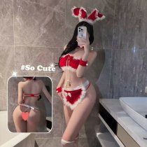 Red New Year Bunny Lingerie Set - Sexy No-Remove Rabbit Girl Bodysuit & Matching Accessories