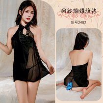 Retro Butterfly Lace Sheer Velvet Cheongsam Set - Sensual Silk Sleepwear & Lingerie Outfit