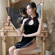 Retro Chinese-Style Lingerie Set - Back-Tie Cheongsam Costume with Sheer Cutouts for Nightclub & Performance