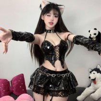 Ruyun Sexy Lace PU Leather Lingerie Set - Cute Anime Devil Cosplay Outfit with Cutout & Ties