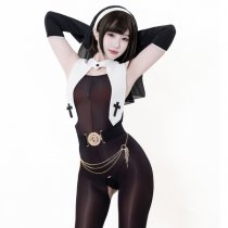 Seductive Nun Costume Lingerie - Sexy Role Play Outfit with Open-Crotch Design, Modest Yet Tempting