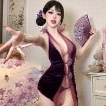 Seductive Purple Cheongsam Lingerie Set - Pure-Yet-Tempting Sleepwear with Open Back & No-Remove Design