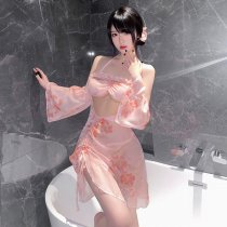 Seductive Sheer Backless Hanfu Sleep Dress Set - Sensual Lace Trimmed Sleeveless Chemise with Side Slit