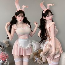 Sensual Lace Sheer Maid Costume - No-Remove Bunny Girl Outfit with Transparent Mesh & Adjustable Straps
