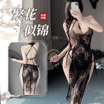 Sexy Ancient Chinese Style Lingerie Set – Sheer Lace Bodice & Slit Sleepwear for Women, Tempting Qipao-Inspired Nightwea