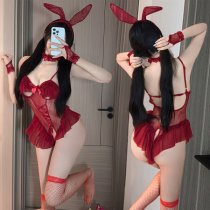 Sexy Cat Bunny Girl Costume - Flirty Ruffle Bodysuit with Sheer Lace, Cute & Alluring Lingerie Set