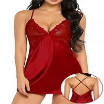 Sexy European-Style Lace Sleep Dress Set with Crisscross Back Straps – Breathable Imitation Silk Intimate Nightwear