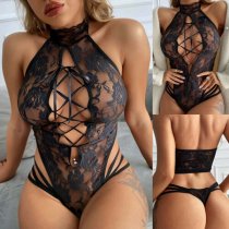 Sexy Lace Cut Out Bodysuit with Ties, Sheer & Alluring Outfit
