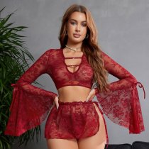 Sexy Sheer Lingerie Set - Pure Temptation Deep V Lace Sleepwear with Detachable Ties & Flared Sleeves