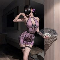Sexy Vintage Lace Cheongsam Lingerie Set - Sheer See-Through Sleepwear & Retro Erotic Nightgown Outfit