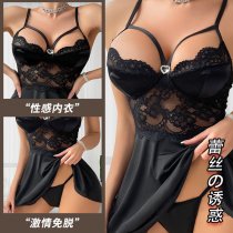 Solid Color Sexy Women's Lace Trim Sleep Dress with Adjustable Straps & Heart Clasp