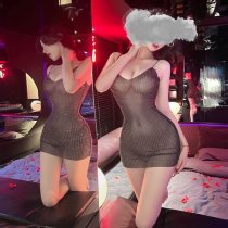 Suoqing Sexy V-Neck Low-Cut Lace Sheer Slip Dress with Full Rhinestone Embellishment