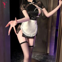 Vintage Chinese-Inspired Sexy Sleepwear Set – Tight-Fit Cheongsam Nightgown with Lace & High Slit for Bold, Alluring Sty