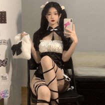 Vintage-Inspired Sexy Lingerie Set - Retro Chinese Qipao Short Sleeve Split Dress, Seductive Uniform Style