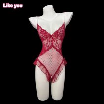 Women's Sensual Pearl-Chain Strap Bodysuit - Sheer Deep V Lace Sleepwear with Open-Crotch Design