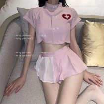 Women's Sexy Nurse Costume Set - Sweet Sheer Crop Top & Pleated Skirt Uniform Outfit for Role Play & Cosplay