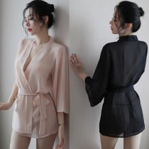 Women's Sexy Sheer Lace Sleepwear Set – Transparent Satin Sleep Robe & Matching Nightgown with Boyfriend Shirt Style
