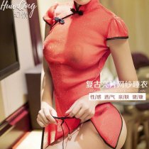 Women's Shiny Silver Thread Sheer Cheongsam Lingerie Set - Sexy Slit Mesh Costume Outfit for Date Night