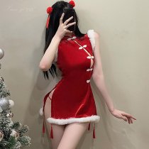 Xianyi Christmas Lingerie Set - Seductive No-Remove Cheongsam Outfit with Sheer Bust, Festive Sexy Costume