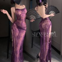 Yiyue Purple Lace Sensual Off-Shoulder Chemise - Sheer Temptation Sleepwear & Roleplay Outfit