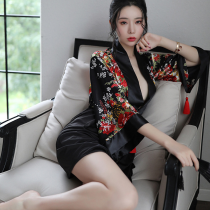 Black Japanese Anime Lingerie Set - Sheer Kimono-Inspired Sleepwear with Cut-Out Details for Women