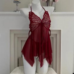 Sexy Backless Lace Sleep Dress with Butterfly Neck Strap - Sheer Mesh Lingerie Set for Women