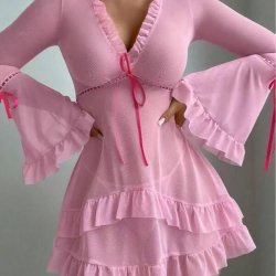 Sexy Lace Lingerie Set for Women – V-Neck Bell Sleeve Mesh Bra & Panty with Picot Trim