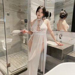 Lace Heart Neck Strap Nightgown - Embroidered Sheer Mesh Seductive Sleep Dress with Side Slits