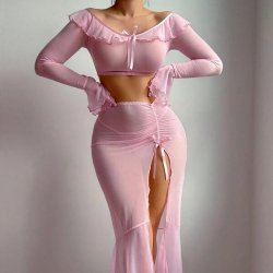 European Fashion Sheer Mesh Lotus Off-Shoulder Long Sleeve Split Bodycon Lingerie Set