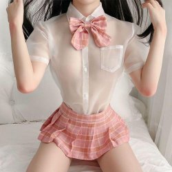 British Plaid Lingerie Dress - Sexy Schoolgirl Style Sheer Blouse with Bow Tie & Pleated Skirt
