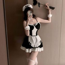 Sexy Backless Maid Costume Set for Women – Black & White Princess Lingerie Sleep Dress, Pure Temptation Outfit