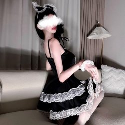 Amiye Sexy Lingerie Set - Black Gothic Lolita Maid Costume with Lace Trim & Adjustable Straps