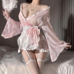 Kawaii Bunny Maid Costume - Japanese-Style Sexy Sleep Robe with Bow & Rabbit Print, Cute & Alluring Lingerie Set
