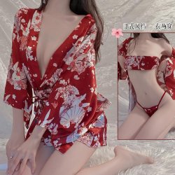 Gioruo Sexy Deep V Lingerie Set - Japanese Print Kimono Style Bedroom Outfit, Thin & Alluring
