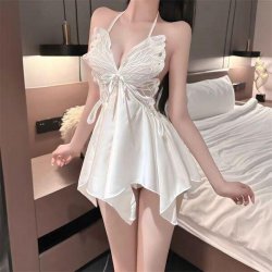 Pure Color Butterfly Lace Sleep Dress - Sexy Satin Slip Nightgown for Women, Pure-Aesthetic Lounge Wear