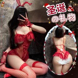 Mannyan New Year Bunny Girl Sheer Open-Crotch Bodysuit - Sexy Costume Lingerie for Christmas Role Play