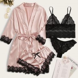 European Women's Lace Sleepwear Set - Sexy Matching 4-Piece Pajama Set for Plus Size & Curvy Women